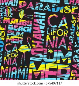 abstract geometric pattern with flamingo, the words: california, malibu, hawaii, summer.  Fashion print for t-shirts, print, poster, banner, postcard. creative and modern  design . Repeated backdrop