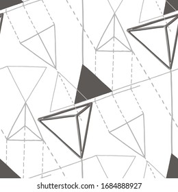 Abstract geometric pattern of flat and isometric triangles and guide lines in gray colors. Seamless repeated vector design.