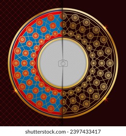 Abstract geometric pattern with floral decor elements. Golden border. Template for decorating ceramic, porcelain, wooden, metal products. Silk screen printing.