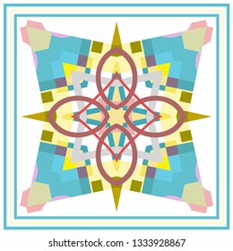 Abstract geometric pattern with frame border on white background for silk scarf shawl design. Ethnic arabic, indian decoration for textile fabric print, stylized mandala ornament