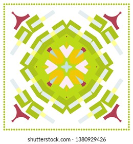 Abstract geometric pattern with frame. Colorful mandala ornament on white background for silk scarf or shawl. Ornate ethnic decoration. Arabic hijab design, indian motif for textile fabric print. 