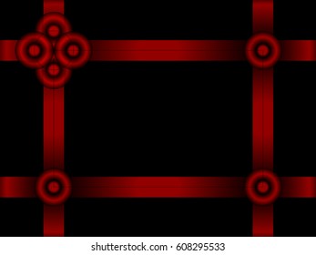 Abstract geometric pattern frame of a cross of four glowing red circles, hoops and ribbon. Gradient from black to red on a black background.