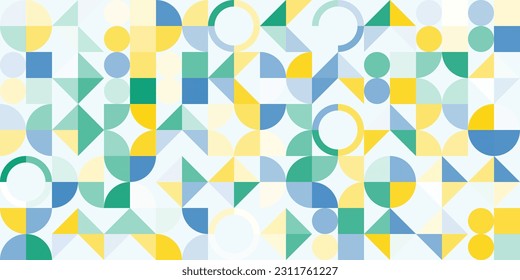 Abstract geometric pattern in fresh green, yellow and blue colors. Simple shapes, form and figures mosaic background. Neo geo style print, vector illustration. Horizontal wide design template.