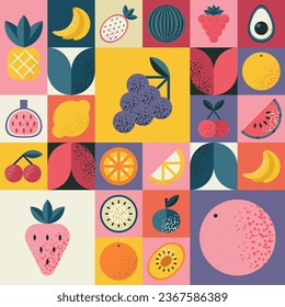 Abstract geometric pattern with fruits in Bauhaus style.