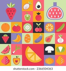 Abstract geometric pattern. Fruits and vegetables in Bauhaus style.