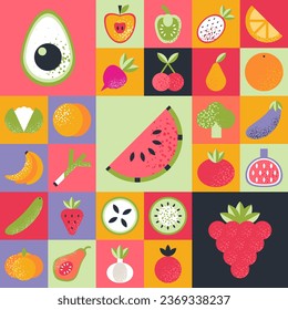 Abstract geometric pattern. Fruits and vegetables in Bauhaus style.