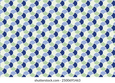 Abstract geometric pattern generative computational art illustration. This design features interlocking shapes resembling fish scales in shades of blue, green, and grey. 