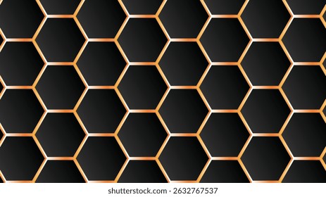 Padrão geométrico abstrato com linhas de ouro, fundo preto, design de hexágono de luxo moderno, ilustração vetorial