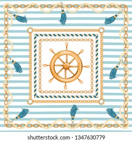 Abstract geometric pattern with golden chains, rope, tassels, ship wheel and marine stripes. Marine illustration. Fashion print for textile, scarf, silk shawls and cravat design. Vector illustration.