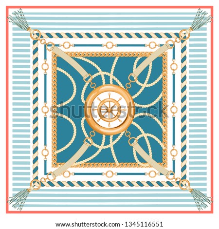 Abstract geometric pattern with golden chains, rope, belts, tassels, ship wheel and marine stripes. Fashion print for textile, scarf, silk shawls and cravat design. Vector illustration.