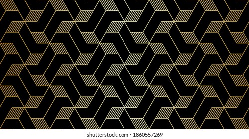 Abstract geometric pattern with golden lines and polygons on black background. Seamless linear design in Art Deco style. Stylish vector texture for textile fabric and wrapping.