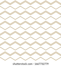 Abstract geometric pattern with golden zigzag lines. White and gold ornamental background. Vector seamless texture in minimal style.