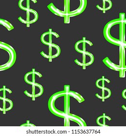 Abstract geometric pattern with green  neon dollars. A seamless vector background.  Graphic modern pattern. 