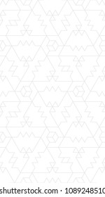 Abstract geometric pattern with grey crossing zigzag lines, triangles and 3D cubes on white. Seamless linear rapport. White texture. Vector pattern to fill the background, laser engraving and cutting

