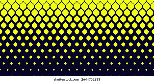 Abstract geometric pattern with halftone effect, fading shapes, leaves, mesh, grid. Horizontally seamless background. Extreme sport style vector texture. Black and neon yellow color. Repeated design