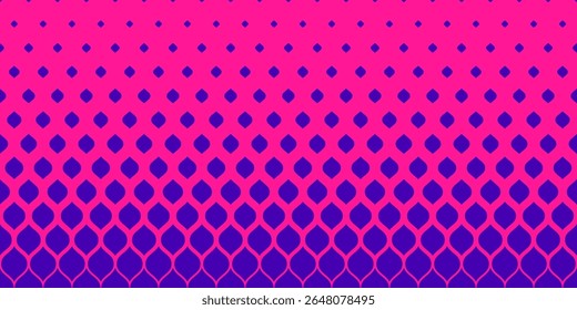 Abstract geometric pattern with halftone effect, fading shapes, leaves, drops, mesh, grid. Horizontally seamless background. Extreme sport style vector texture. Bright pink and purple color design