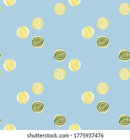 Abstract geometric pattern with hand drawn spirals in yellow and green tones. Light blue background. Print for wrapping paper, wallpaper, textile, fabric. Vector illustration.