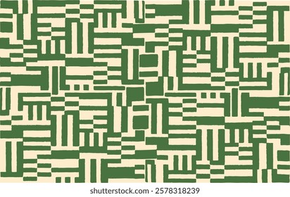 Abstract geometric pattern with hand-drawn brushstroke texture in earthy green and beige tones. Perfect for modern textiles, wallpaper, packaging, and home decor. 