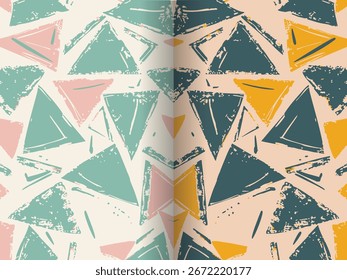 Abstract geometric pattern with hand-stamped triangles. This design features a rough grunge texture in two retro color palettes, ideal for modern, artistic fabric, wallpaper, or backgrounds