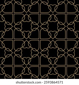 Abstract geometric pattern with hearts on black background. A seamless vector background. Graphic modern pattern. Black and gold pattern.
