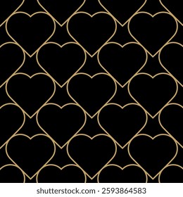 Abstract geometric pattern with hearts on black background. A seamless vector background. Graphic modern pattern. Black and gold pattern.