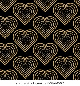 Abstract geometric pattern with hearts on black background. A seamless vector background. Graphic modern pattern. Black and gold pattern.