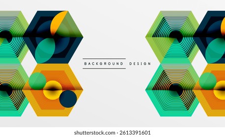 Abstract geometric pattern. Hexagons, circles overlap creating layered visual effect. Vibrant colorsorange, teal, navydominate design. Modern, clean aesthetic.