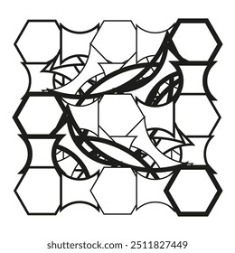 Abstraktes geometrisches Muster. Sechsecke und gebogene Formen. Schwarz-Weiß komplexes Design. Modernes Kunstkonzept.