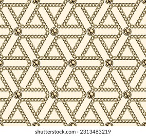 Abstract geometric pattern with hexagons, golden realistic jewelry chains, beads on beige background. Vintage geometric backdrop. Classic elegance design.