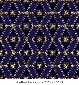 Resumen de patrón geométrico con hexágonos, cadenas de joyería realistas doradas, cuentas con fondo azul oscuro. Fondo geométrico vintage. Diseño clásico de elegancia.