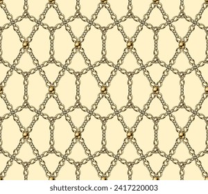 Resumen de patrón geométrico con hexágonos, cadenas de joyería realistas doradas, cuentas con fondo beige. Fondo geométrico vintage. Diseño clásico de elegancia.
