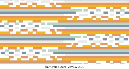 Abstract geometric pattern with horizontal stripes and pixelated blocks in orange, blue, and yellow. The design has a digital, glitch-like aesthetic on a white background.