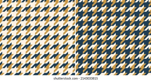 Abstract geometric pattern with houndstooth check plaid in blue, gold, off white. Seamless tweed tartan vector set for spring autumn winter scarf, dress, jacket, skirt, other fashion fabric design.