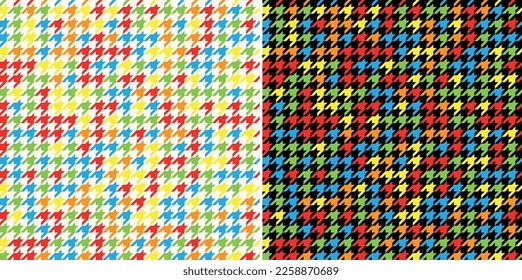 Abstract geometric pattern with houndstooth check plaid in rainbow blue, green, red, orange, yellow. Seamless tweed tartan set for spring autumn winter scarf, blanket, other fashion fabric design.