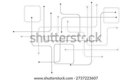 Abstract geometric pattern of interconnected lines, dots, and dashed squares forming a network structure on a white background.