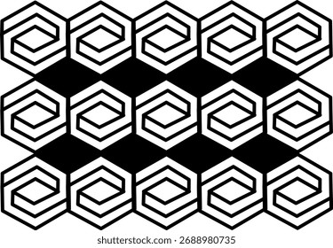 Abstract geometric pattern with interlocking hexagonal spiral shapes in black and white, creating a modern optical illusion and bold contemporary design