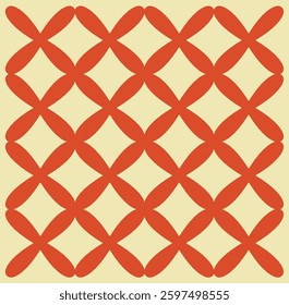 Abstract geometric pattern with interlocking red petal-like shapes forming a lattice structure on a light yellow background. Modern and stylish seamless design. Vector illustration
