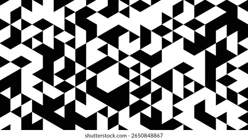 Padrão geométrico abstrato de triângulos e cubos entrelaçados.