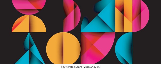 Abstract geometric pattern with intersecting circles and triangles in gradients. The high-contrast composition creates depth and a dynamic, modern aesthetic