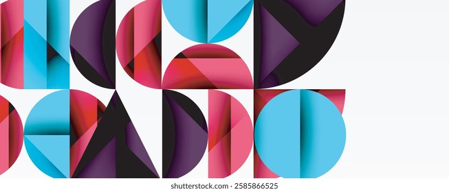 Abstract geometric pattern with intersecting circles and triangles in gradients. The high-contrast composition creates depth and a dynamic, modern aesthetic