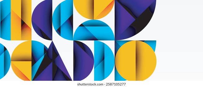 Abstract geometric pattern with intersecting circles and triangles in gradients. The high-contrast composition creates depth and a dynamic, modern aesthetic