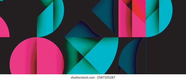 Abstract geometric pattern with intersecting circles and triangles in gradients. The high-contrast composition creates depth and a dynamic, modern aesthetic