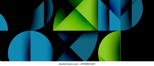 Abstract geometric pattern with intersecting circles and triangles in gradients. The high-contrast composition creates depth and a dynamic, modern aesthetic