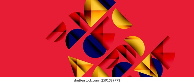 Abstract geometric pattern with intersecting circles and triangles in gradients. The high-contrast composition creates depth and a dynamic, modern aesthetic