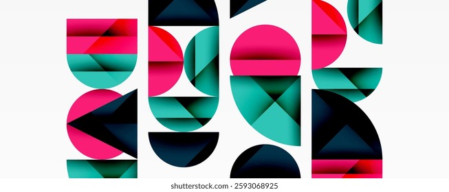 Abstract geometric pattern with intersecting circles and triangles in gradients. The high-contrast composition creates depth and a dynamic, modern aesthetic