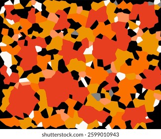Abstract geometric pattern with irregular polygonal shapes in red, orange, yellow, white, and black. 