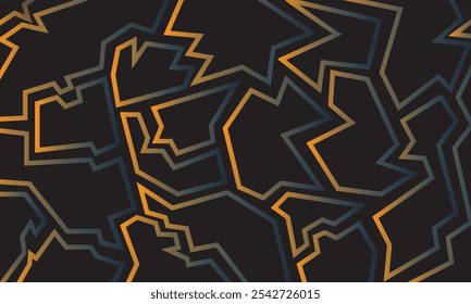 Abstract geometric pattern with jagged, interconnected lines in shades of orange, yellow, and blue on a dark background, creating a vibrant and dynamic visual effect.