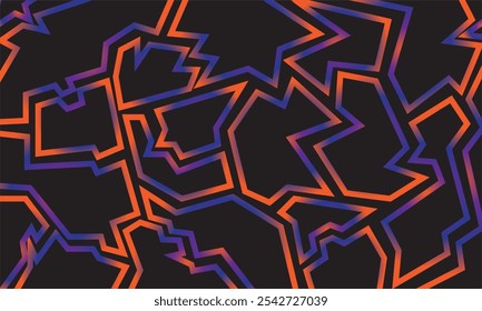 Abstractas patrón geométrico con líneas irregulares e interconectadas en naranja y púrpura sobre fondo negro, creando un efecto visual dinámico y vibrante.
