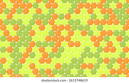 Abstract geometric pattern of lime green and orange circles.  A vibrant, modern design perfect for backgrounds, textiles, or website design.  Represents harmony, balance, and playful energy.
