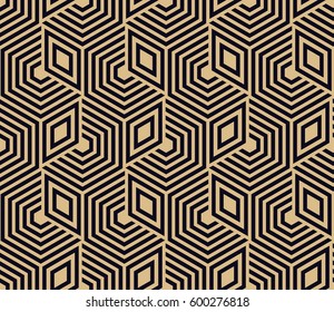Abstract geometric pattern with lines, hexagons. A seamless vector background. Stylish graphic design. Gold and black blue ornament. 